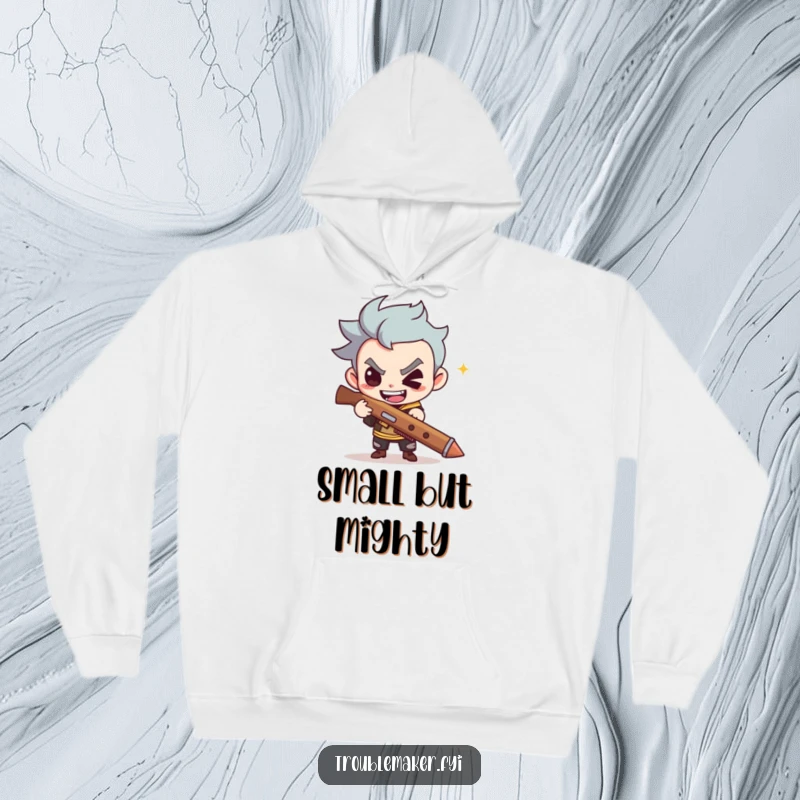 Funny hoodie features a cute troublemaker with a mischievous grin holding a slingshot, perfect for cozy mischief.