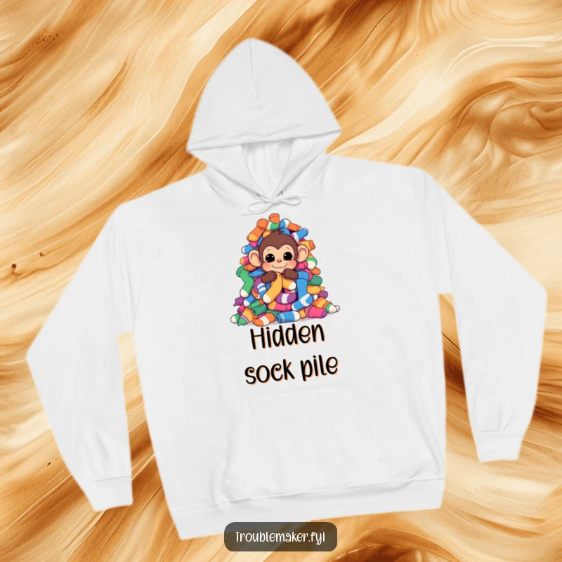 Funny monkey hiding behind colorful socks, featured on a soft and warm hoodie design.