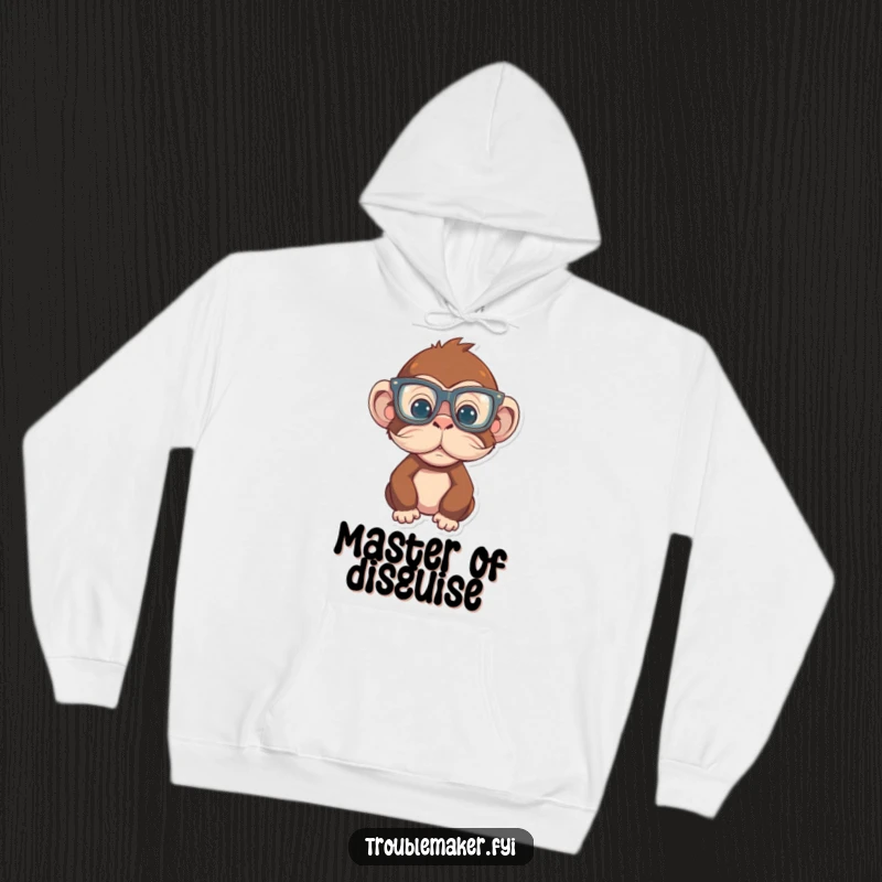 Funny Monkey Hoodie showing a primate wearing comically large glasses and a fake mustache, looking absurdly disguised, great funny gift.