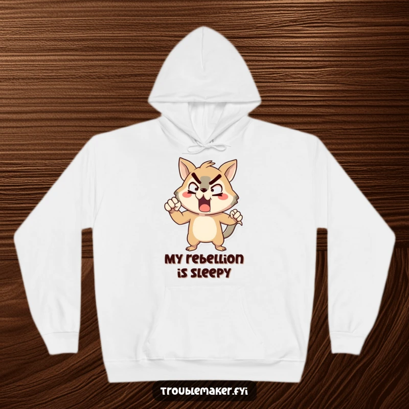 Funny animal character hoodie, striking an exaggerated, comically defiant pose, offering warm, humorous rebellion.