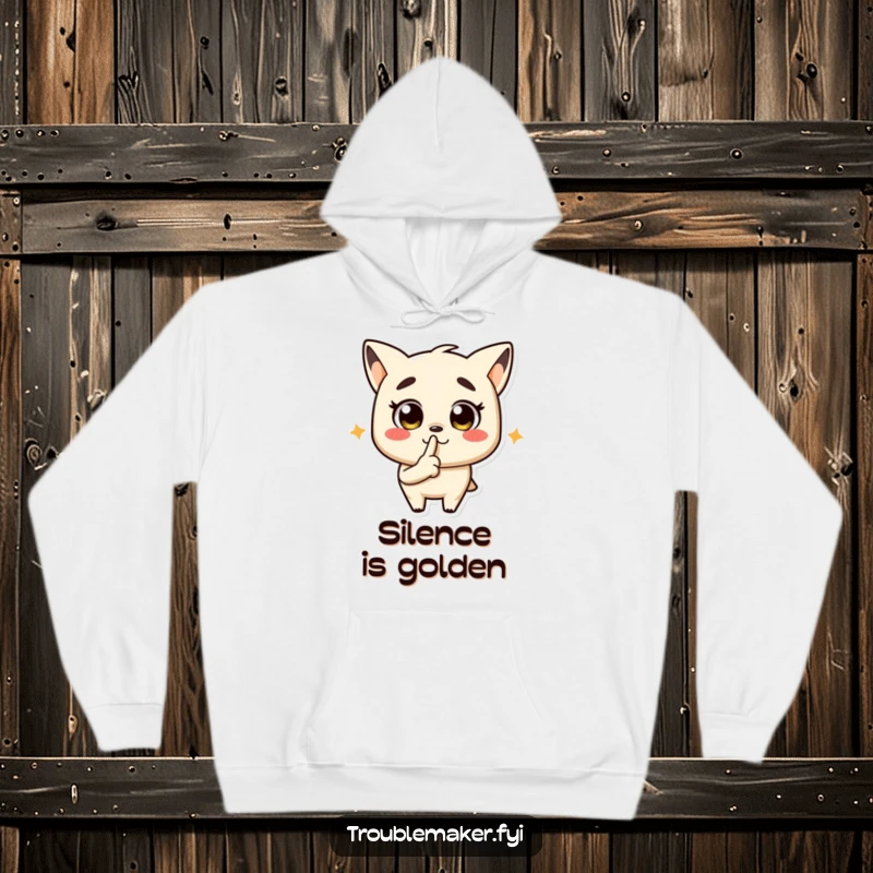 Funny hoodie with a troublemaker character signaling for quiet, ideal for those who love a good secret.
