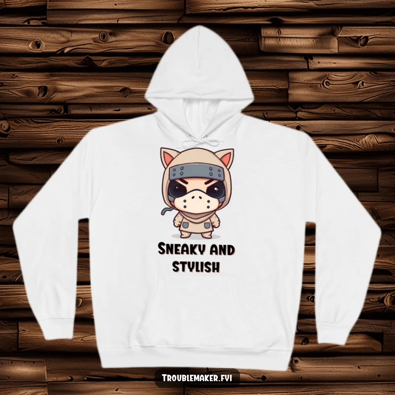 Funny hoodie features a troublemaker in a tiny bandit mask winking, perfect for cozy mischief and playful vibes.