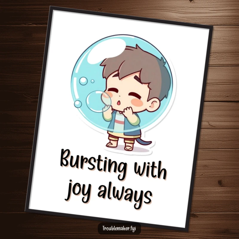 Funny Free Printable Wall Art: Troublemaker character blowing a huge bubble that dramatically pops with glee.