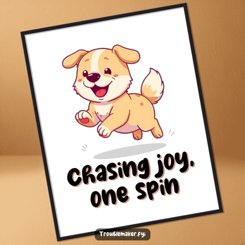 Funny Free Printable Wall Art: A happy dog gleefully chasing its tail in a dizzying, delightful spin.
