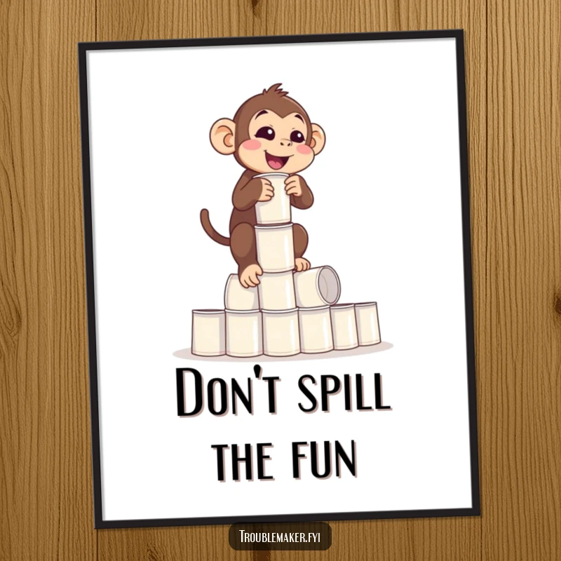 Funny Free Printable Wall Art: a monkey artfully balancing a tall tower of empty cups, a humorous and precarious addition to decor.