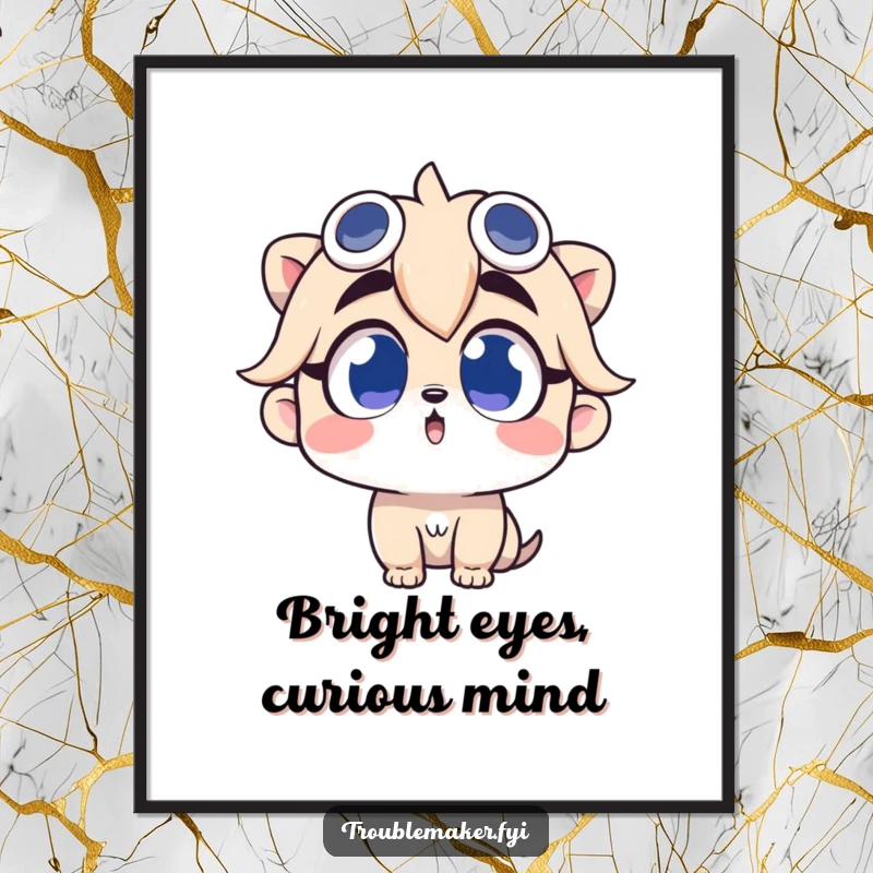 Funny Free Printable Wall Art of a troublemaker character looking up with wide, curious eyes, evoking wonder and imagination.