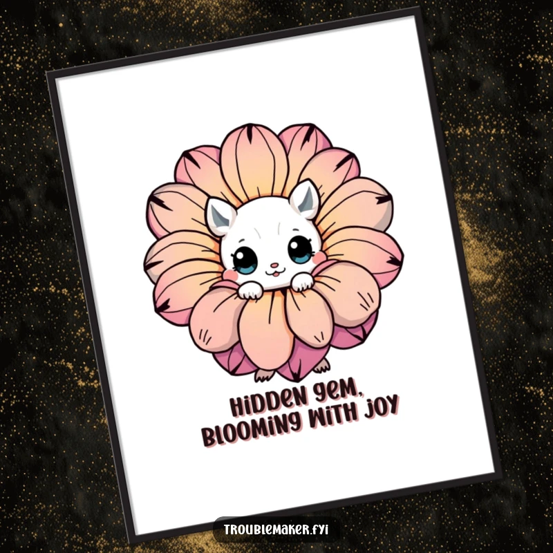 Funny Free Printable Wall Art: A creature with large, expressive eyes playfully hiding behind a giant, vividly colored flower.