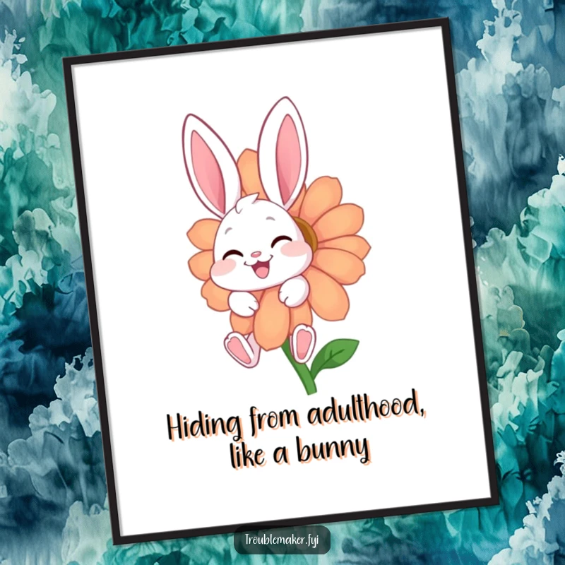 Funny Free Printable Wall Art: A cute giggling bunny peeking from behind a huge, colorful flower, adding whimsical humor to your decor.