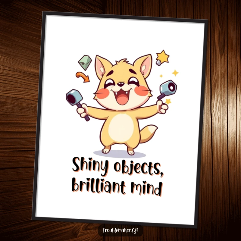 Funny Free Printable Wall Art: Cartoon animal gleefully juggling an assortment of shiny objects, full of mischief.