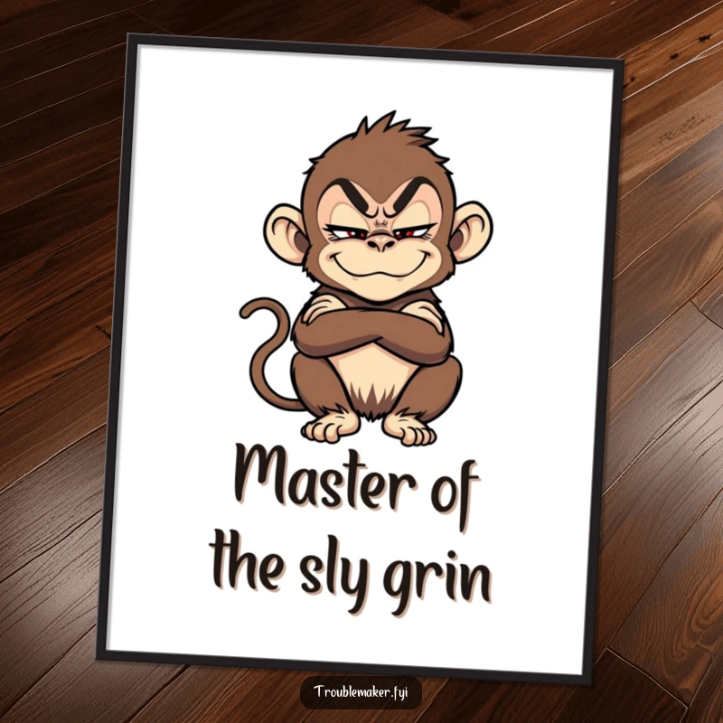 Funny Free Printable Wall Art depicting a troublemaker monkey with a sly grin and crossed arms.