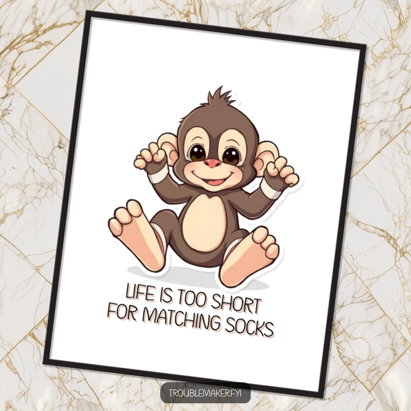 Funny Free Printable Wall Art: Monkey wearing oversized, mismatched socks, charming downloadable art.