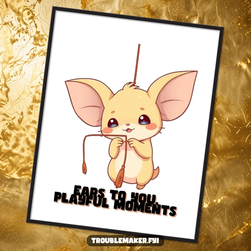 Funny Free Printable Wall Art: A creature with enormous ears playfully batting at a dangling string, creating a sense of innocent delight.