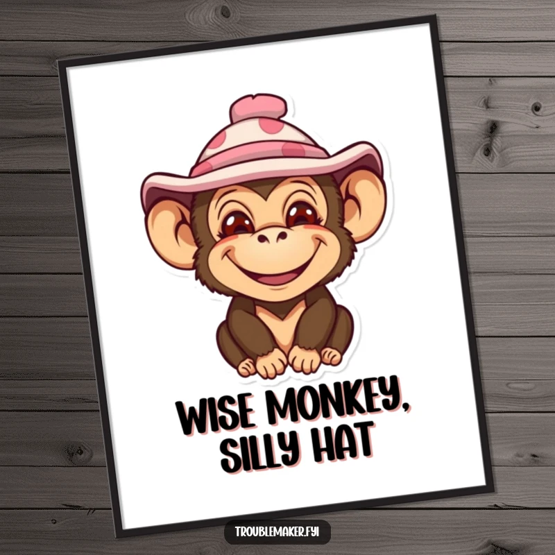 Funny Free Printable Wall Art: Monkey with an impish smile wearing a silly hat, bringing quirky charm.