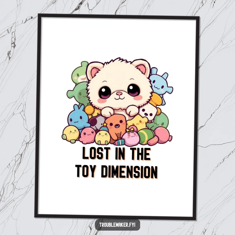 Funny free printable wall art: A whimsical fuzzy creature with wide, innocent eyes peeking out from a pile of colorful toys.