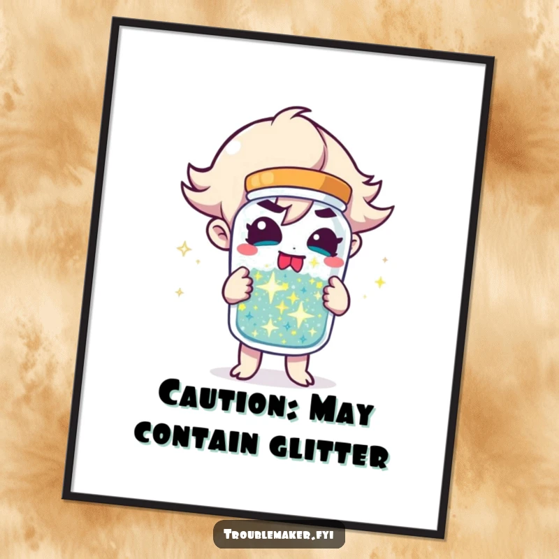 Funny Free Printable Wall Art: Troublemaker character holding a jar overflowing with sparkling mischief, radiating playful energy, downloadable decor.