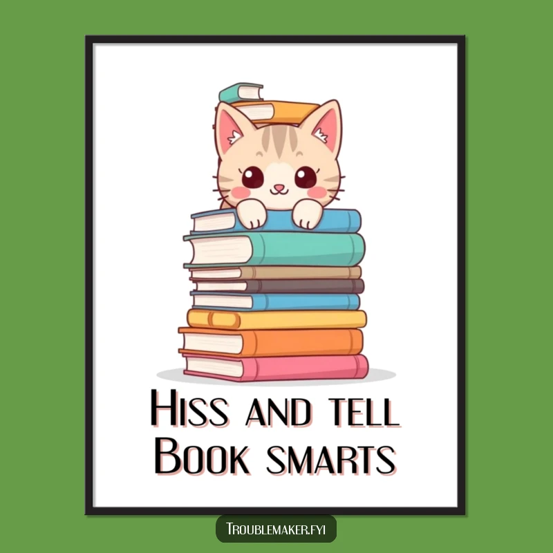 Funny Free Printable Wall Art: Mischievous Cat Bookworm Humor Downloadable Art