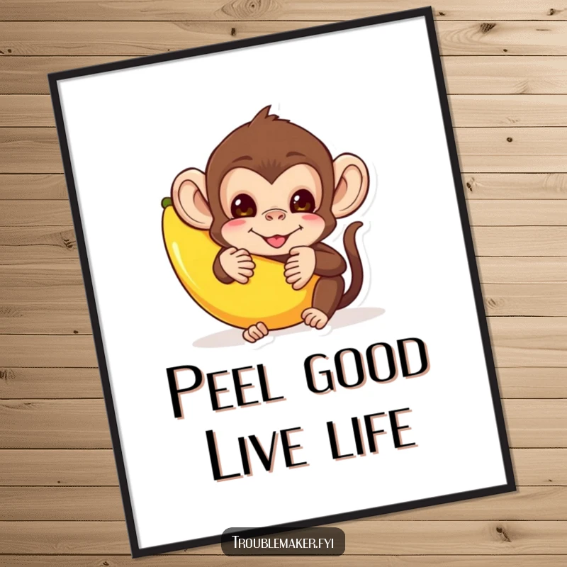Funny free printable wall art depicting a mischievous monkey hiding behind a banana peel, adding a touch of jungle humor, a quirky downloadable art.