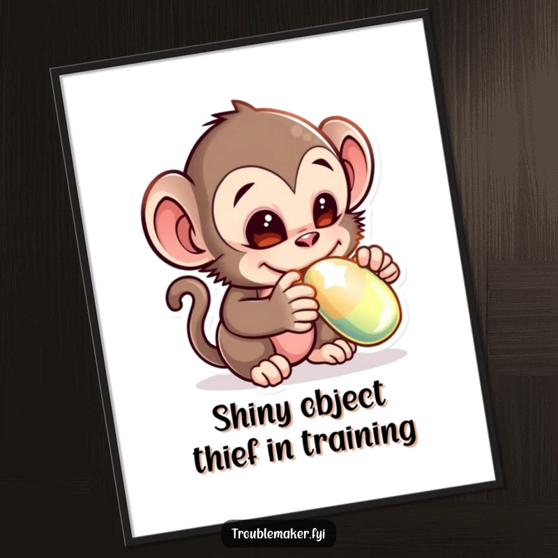 Funny free printable wall art: Mischievous monkey creature with a cheeky grin, adorably stealing a shiny gem.