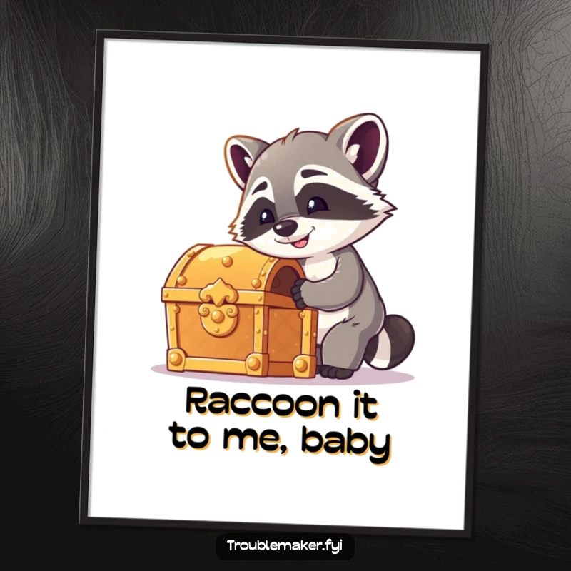 Funny Free Printable Wall Art: Cheeky raccoon intently trying to pick the lock of a sparkling treasure chest.