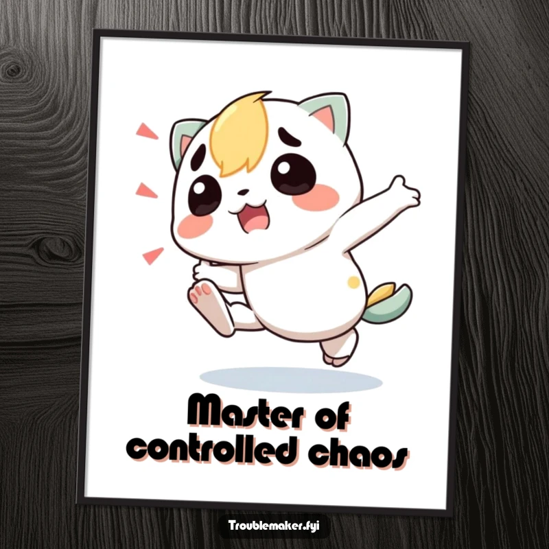 Funny Free Printable Wall Art: A troublemaker character hilariously tripping over its own feet, creating comedic chaos, downloadable decor.