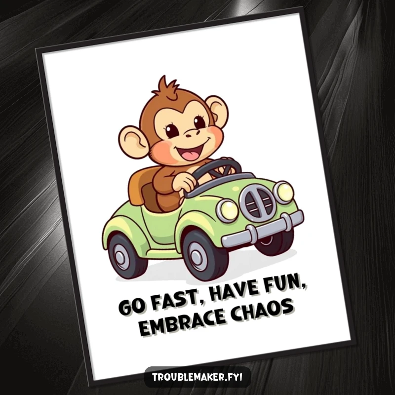 Funny Free Printable Wall Art: Monkey joyfully riding a runaway toy car, action-packed downloadable art.
