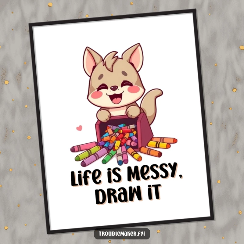 Funny Free Printable Wall Art: Cute animal character joyfully spills a box of colorful crayons, creating artistic chaos.