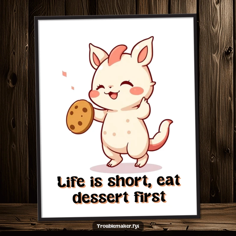 Funny Free Printable Wall Art: Creature doing a wild, funny dance while holding a stolen cookie, a humorous and celebratory piece of downloadable art.