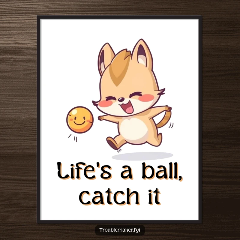 Funny Free Printable Wall Art: Cartoon animal character enthusiastically chasing a bouncy, smiling ball with glee.