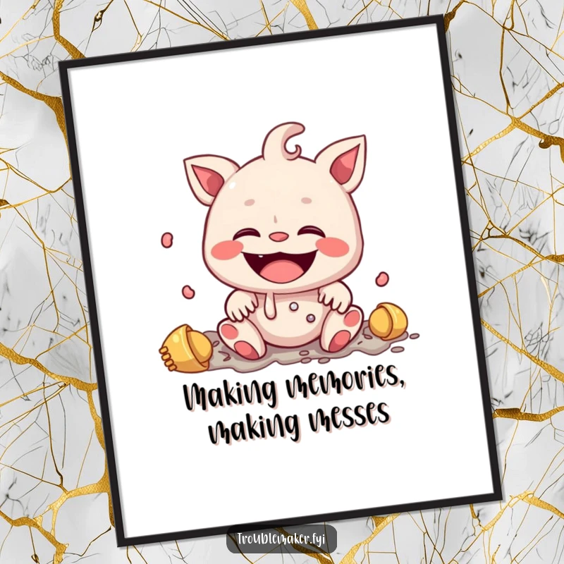 Funny Free Printable Wall Art: Creature with a wide, innocent smile, happily creating a delightful mess, a humorous piece of downloadable art.