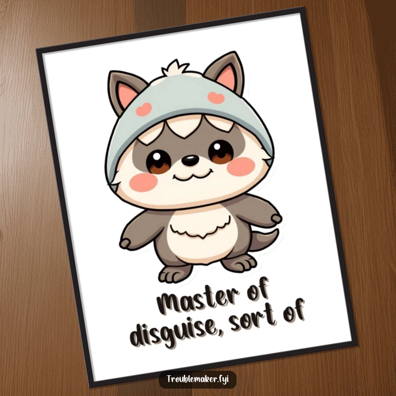 Funny free printable wall art: A creature with a funny, wide-eyed expression wearing a ridiculous hat and glasses disguise.