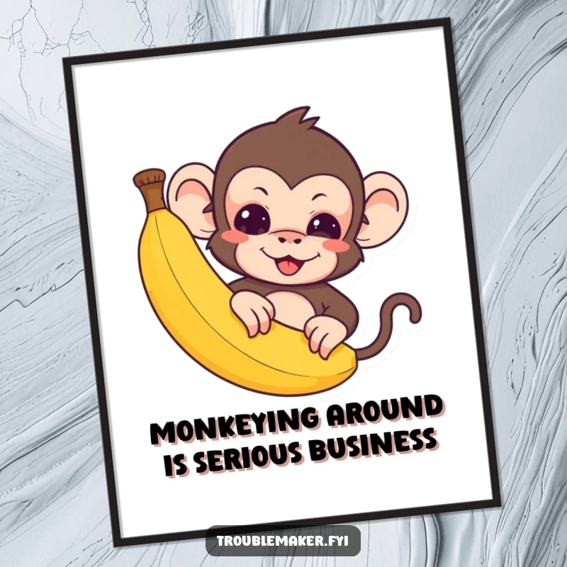 Funny Free Printable Wall Art: Cute troublemaker monkey peeking from behind a banana, with a mischievous grin. Downloadable quirky decor.