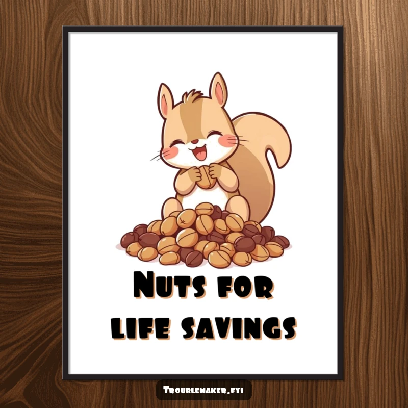 Funny free printable wall art of a squirrel gleefully hoarding a pile of nuts, embodying playful abundance, a whimsical downloadable art.