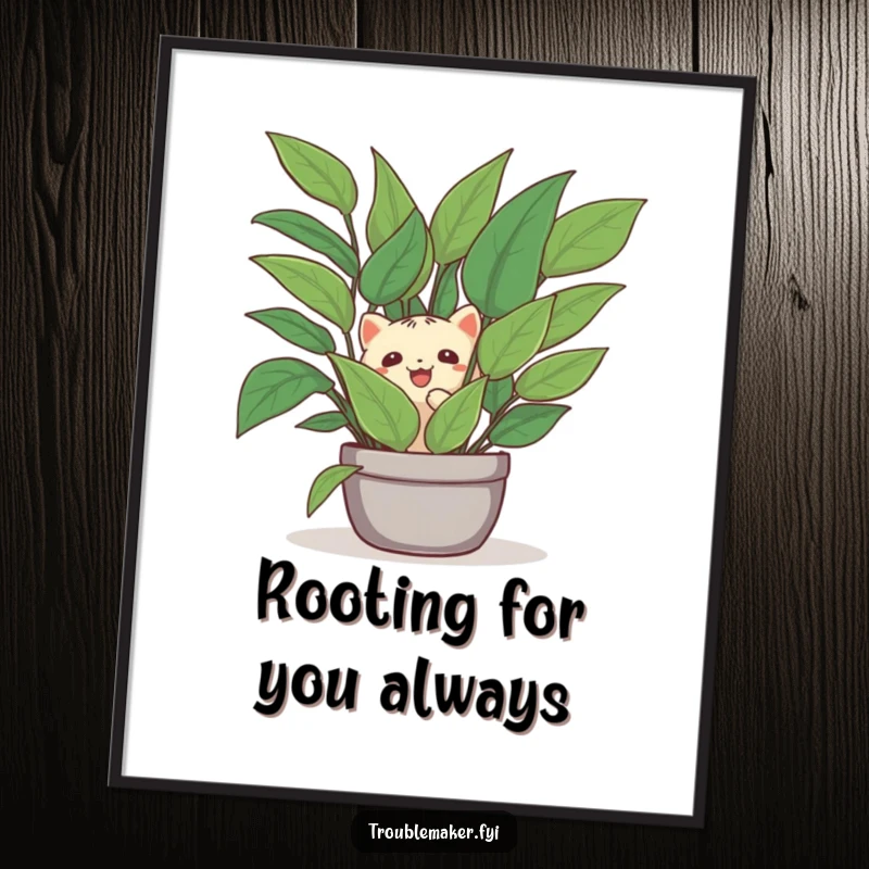 Funny Free Printable Wall Art: Creature playfully hiding behind a large houseplant, a whimsical and humorous piece of downloadable art.