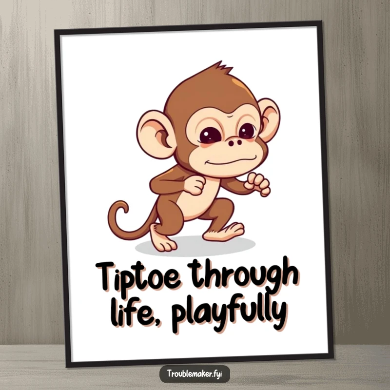 Funny Free Printable Wall Art: a mischievous monkey tiptoeing with exaggerated stealth, adding a dose of playful humor to your space.