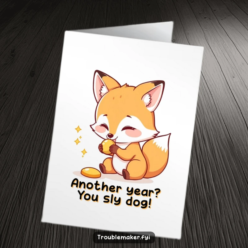 Funny Free Printable Birthday Card: A cunning fox playfully grabs a sparkling shiny object, adding a touch of sly humor.