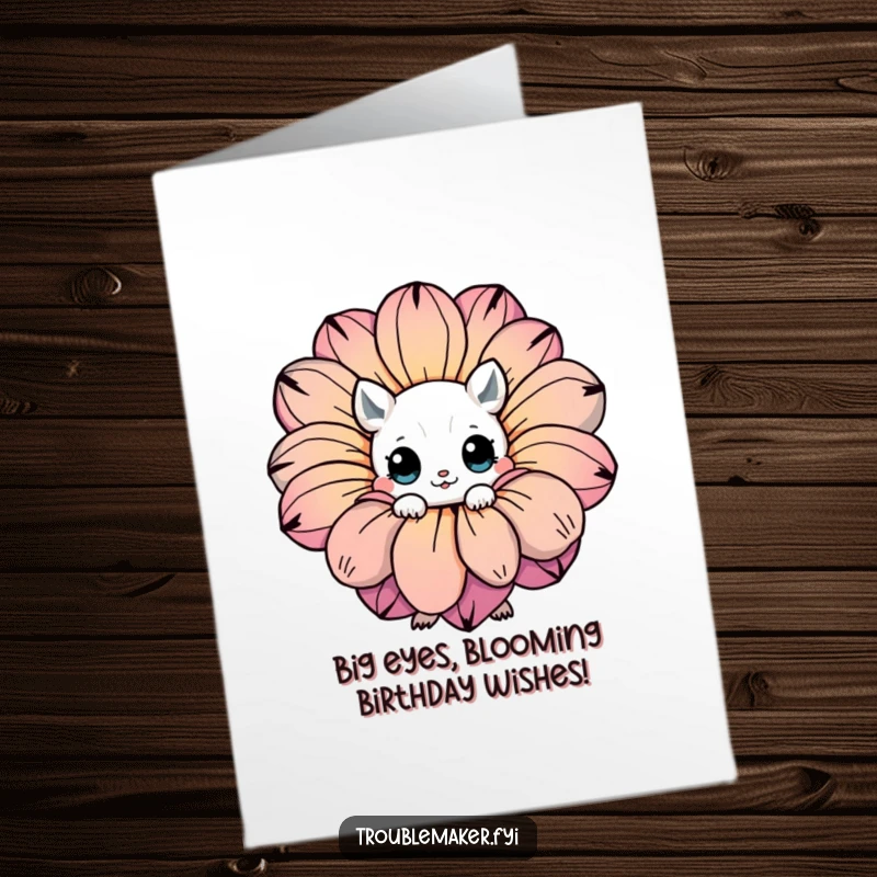 Funny Free Printable Birthday Card: Creature with big, expressive eyes peeking shyly from behind a vibrant, oversized flower.