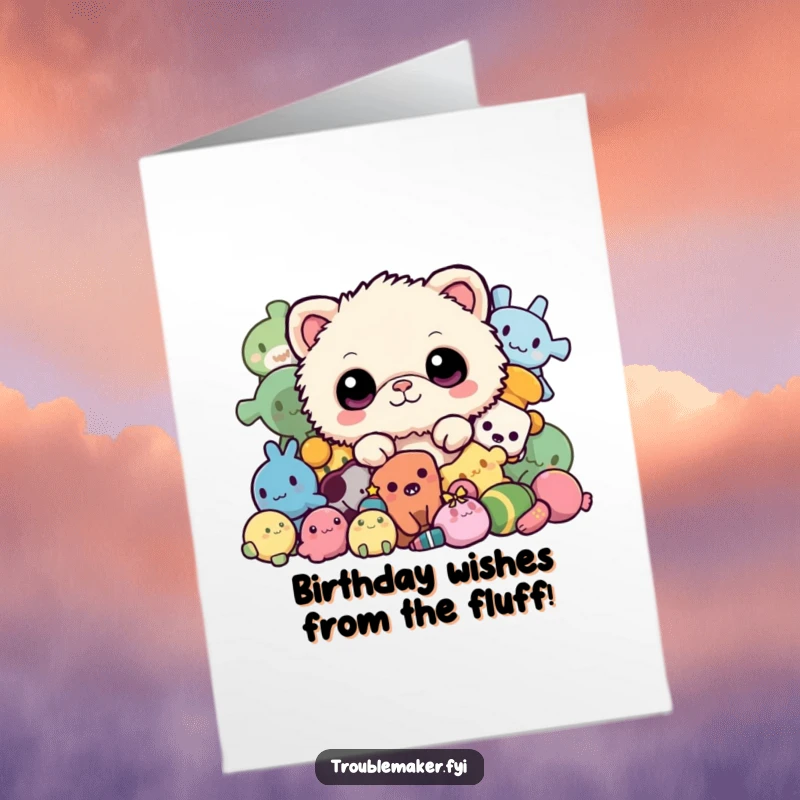 Funny free printable birthday card: A fluffy, fuzzy creature with big eyes peeking out from a colorful toy pile.