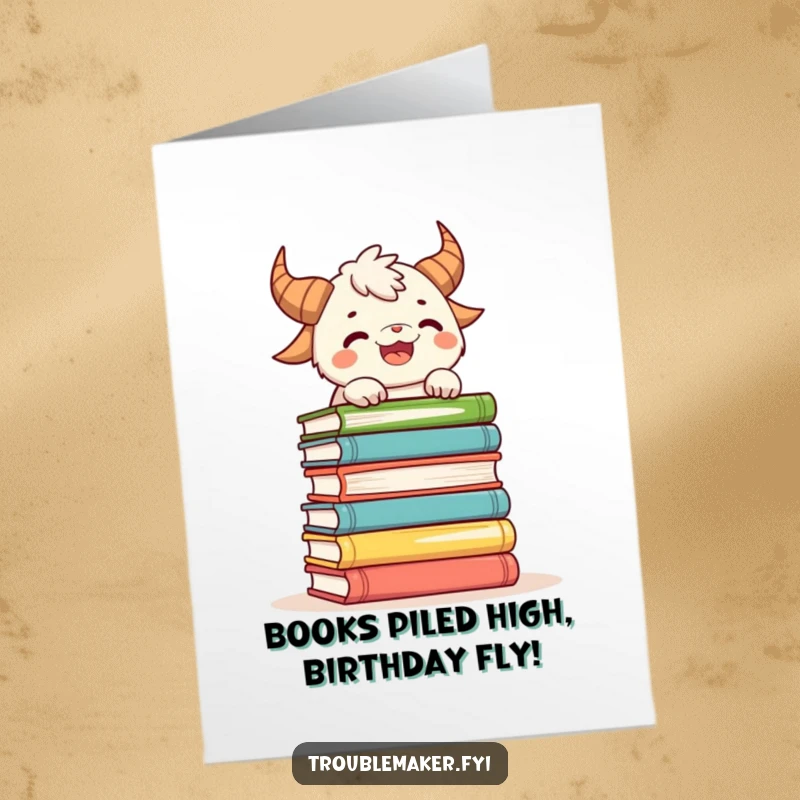 Funny Free Printable Birthday Card: A horned creature humorously trying to balance an enormous stack of books, looking focused yet clumsy.