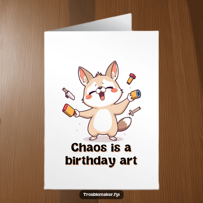 Funny Free Printable Birthday Card: Mischievous animal juggles precarious items, a hilarious DIY gift idea.