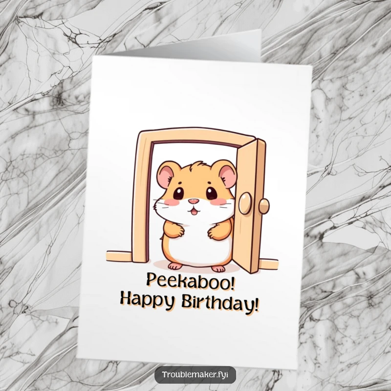 Funny Free Printable Birthday Card: Curious hamster peeking from a tiny door, perfect for a surprise birthday greeting.