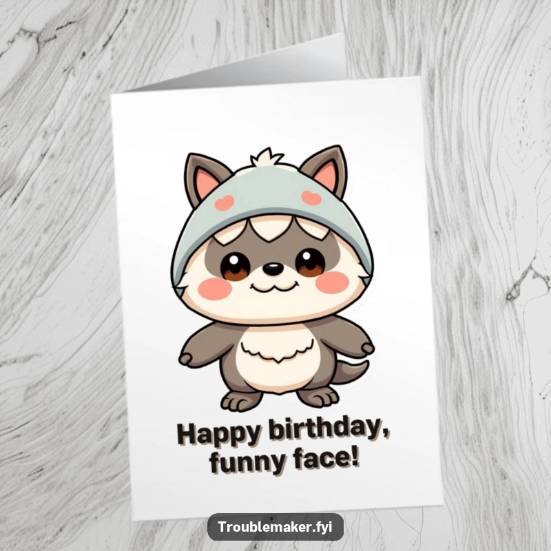 Funny free printable birthday card: A creature with a comical expression wearing a ridiculous, silly disguise.