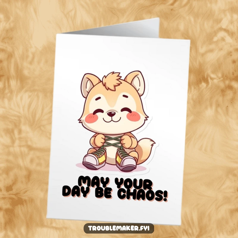 Funny Free Printable Birthday Card: Mischievous animal tying shoelaces together with a cheeky grin, ready for a prank.