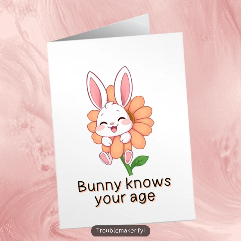 Funny Free Printable Birthday Card: Giggling bunny peeking from behind a giant flower, radiating pure joy and birthday cheer.