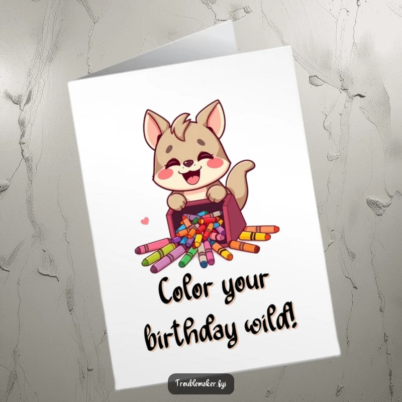 Funny Free Printable Birthday Card: Cute animal character joyfully spills crayons, celebrating a colorful birthday.
