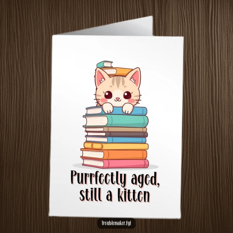 Funny Free Printable Birthday Card: Mischievous cat peeking from behind a huge stack of books, plotting mischief.