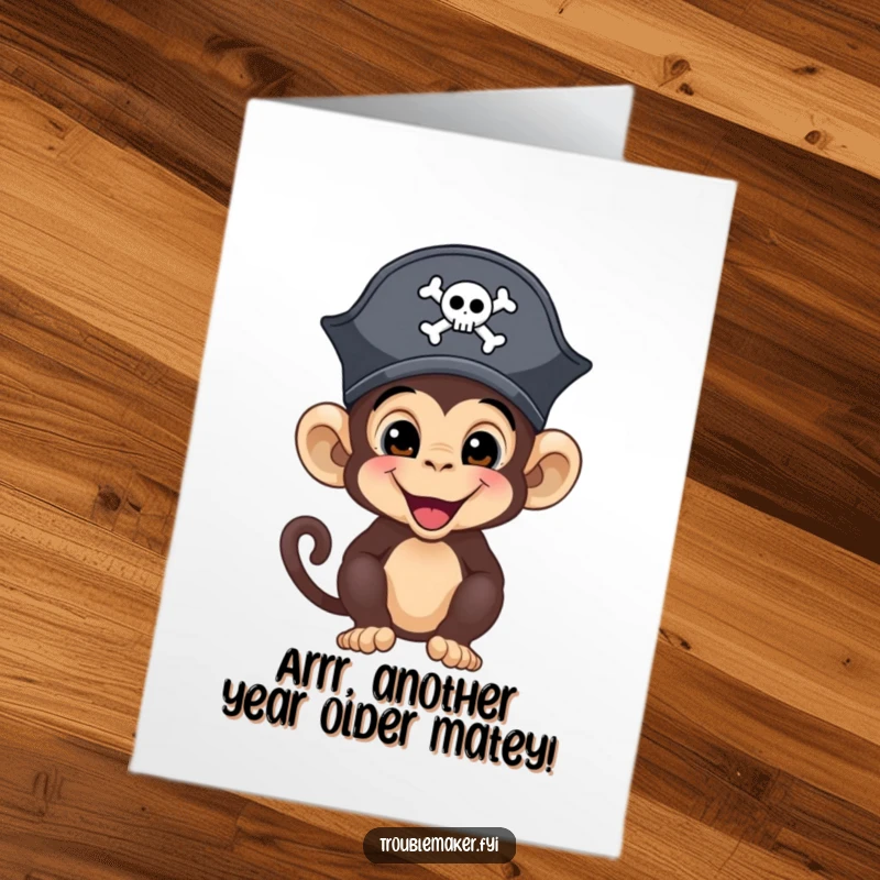 Funny Free Printable Birthday Card featuring a mischievous monkey in a tiny pirate hat, ready for adventure.