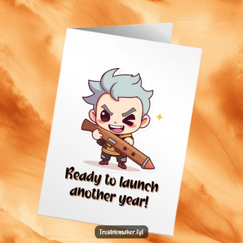 Funny Free Printable Birthday Card: Cute troublemaker grins holding a slingshot, ready for mischief.