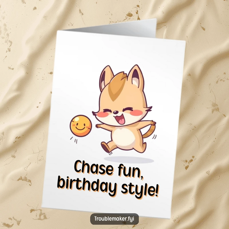 Funny Free Printable Birthday Card: Energetic animal character joyfully chasing a bouncing, smiling ball.