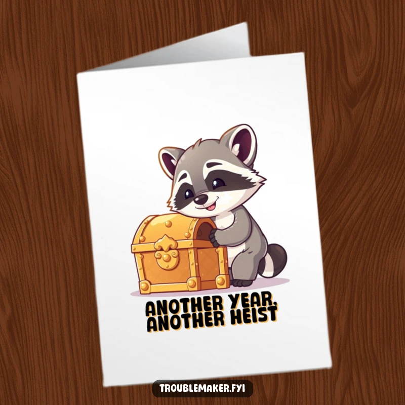 Funny Free Printable Birthday Card: Cheeky raccoon trying to pick the lock of a shiny treasure chest.
