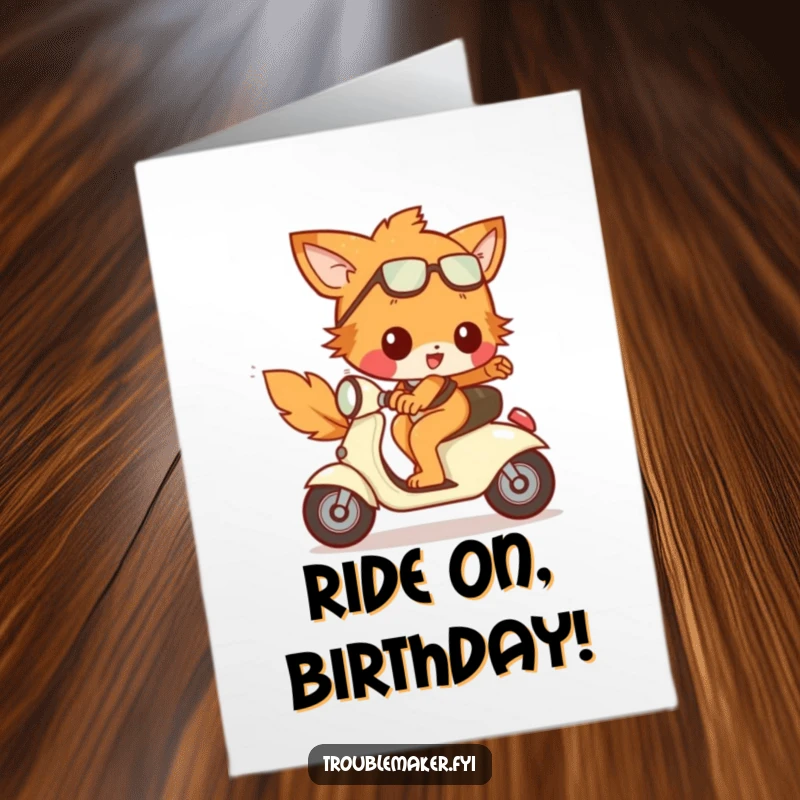 Funny Free Printable Birthday Card: Mischievous animal character joyfully riding a tiny, runaway scooter with glee.